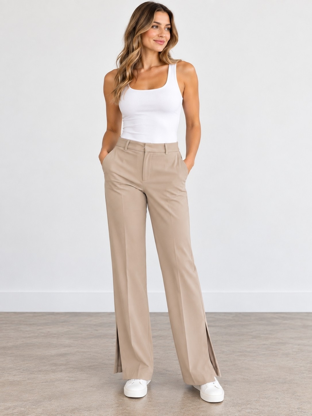 Dynamite Beige Wide Leg Split-Hem Pants